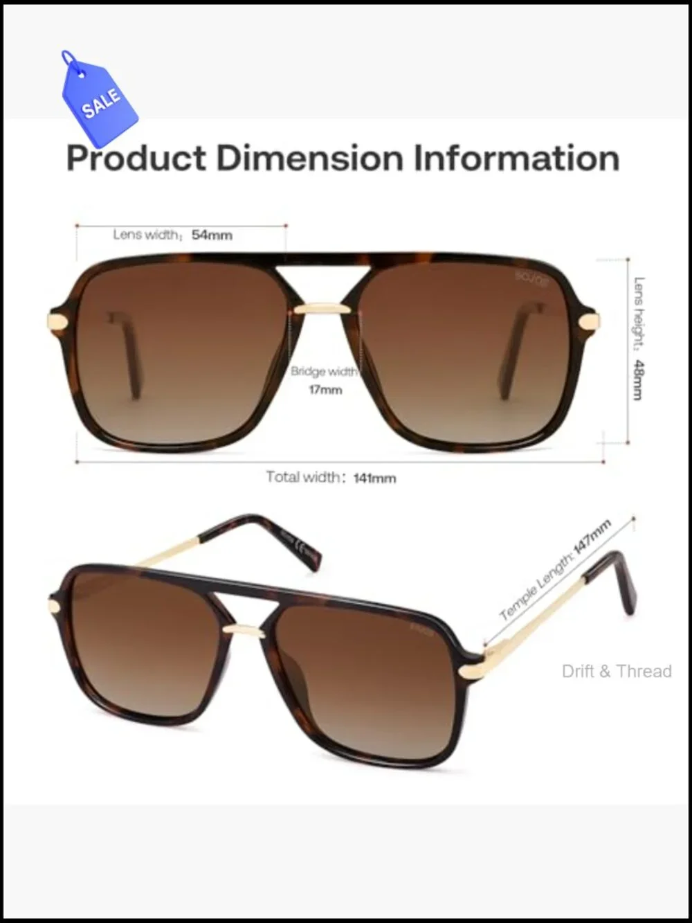 Square Aviator Sunglasses for Women & Men Polarized UV400 Retro Double Bridge